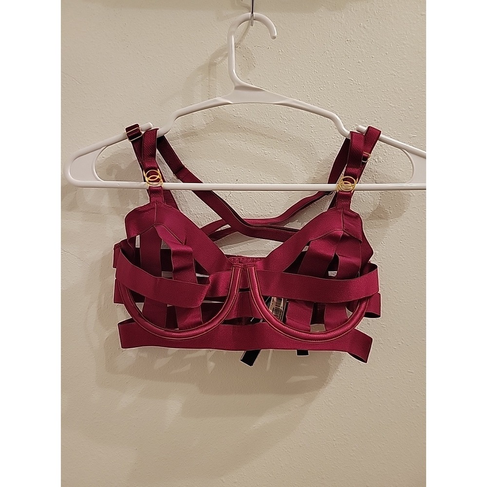 Victoria Secret Bra 32C Unlined Balconette Bra Deep Red Caged Bondage Very Sexy